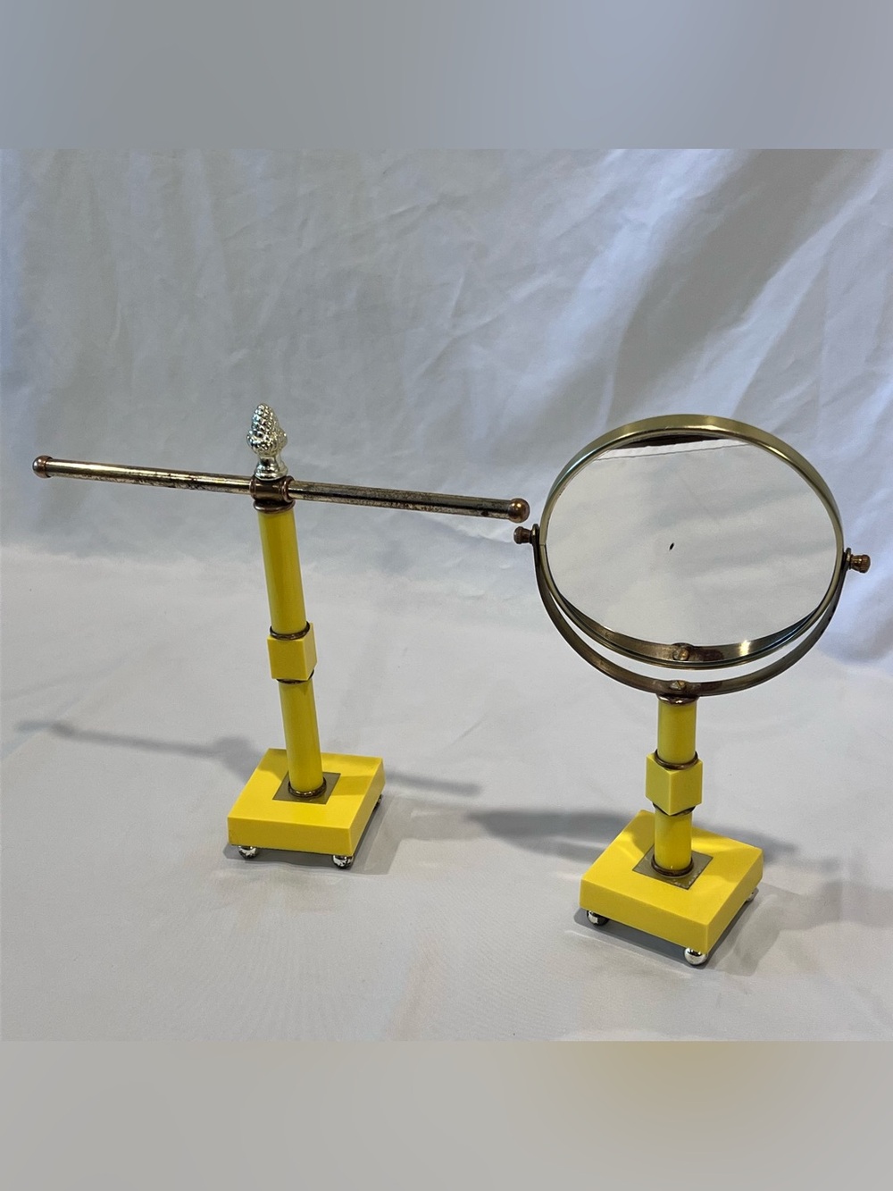 Vintage Yellow Gold Brass Tone Vanity Mirror Hand Towel Stand Retro MCM